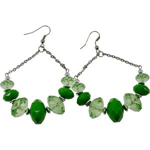 Green Silver Beaded Dangle MCM Earrings Totally Hippy Boho Mid-Century Modern 3"